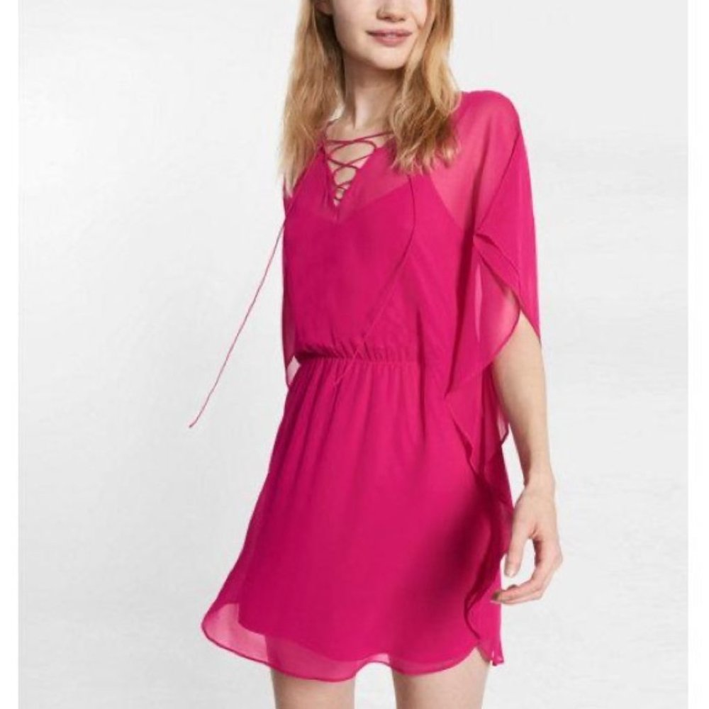 Express Hot Pink Lace-Up Chiffon Caftan Mini Dress, Size M